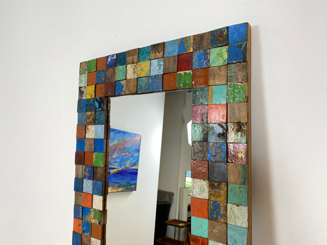Boatwood by WMK # Einzigartiger 65x200cm großer Wandspiegel aus altem Bootsholz, ein handgefertigtes Unikat in Originalfarben # bunter Spiegel Flurspiegel Standspiegel Mirror Treibholz Bootsmöbel