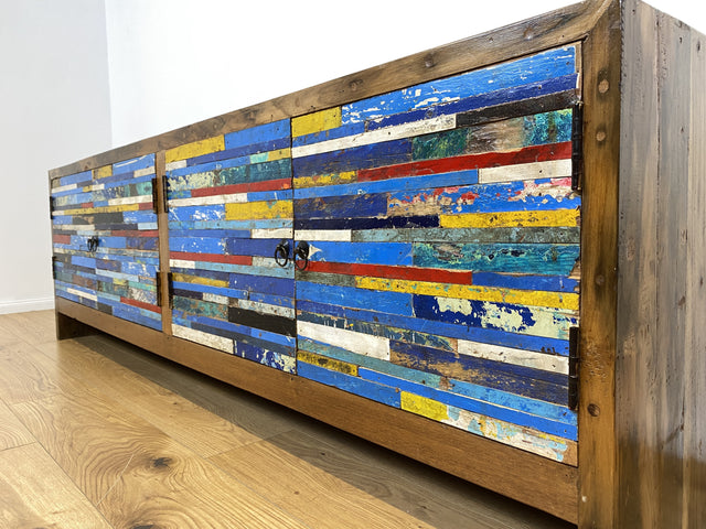 Boatwood by WMK # Besonders schönes 200cm langes Sideboard aus altem Bootsholz, ein handgefertigtes Unikat aus massivem Teakholz # Kommode Lowboard TV Bank Board Anrichte Bootsmöbel Rostock Kiel Slyt