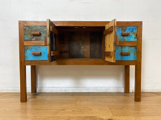 Boatwood by WMK I Meeresblaue Kommode aus altem Bootsholz in Originalfarben mit Schubladen I Teakholz massiv I Schrank Sideboard Garderobe Flurkommode Konsole Teak Bootsmöbel I Köln Hannover Bremen