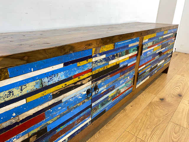 Boatwood by WMK # Besonders schönes 200cm langes Sideboard aus altem Bootsholz, ein handgefertigtes Unikat aus massivem Teakholz # Kommode Lowboard TV Bank Board Anrichte Bootsmöbel Rostock Kiel Slyt