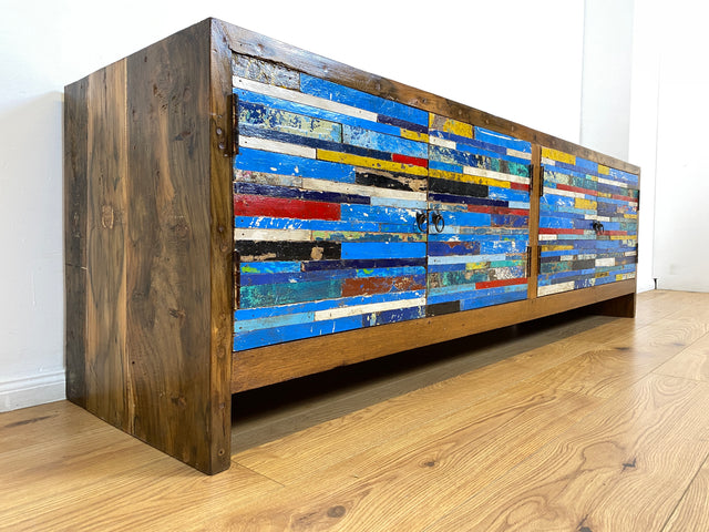 Boatwood by WMK # Besonders schönes 200cm langes Sideboard aus altem Bootsholz, ein handgefertigtes Unikat aus massivem Teakholz # Kommode Lowboard TV Bank Board Anrichte Bootsmöbel Rostock Kiel Slyt