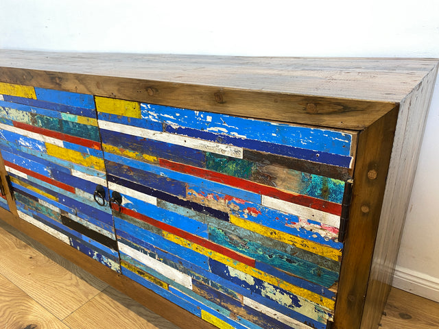 Boatwood by WMK # Besonders schönes 200cm langes Sideboard aus altem Bootsholz, ein handgefertigtes Unikat aus massivem Teakholz # Kommode Lowboard TV Bank Board Anrichte Bootsmöbel Rostock Kiel Slyt