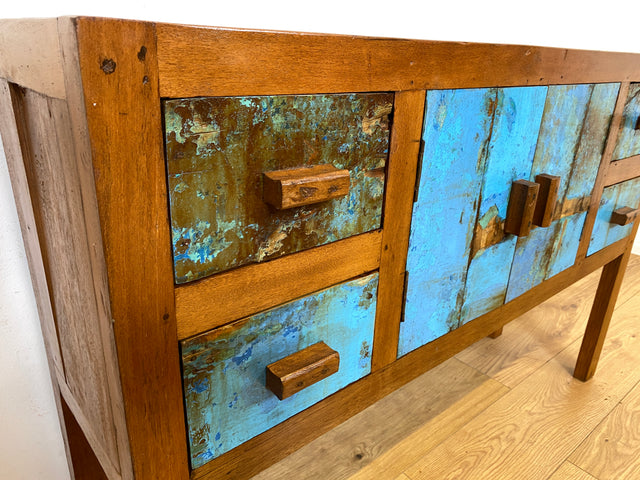 Boatwood by WMK I Meeresblaue Kommode aus altem Bootsholz in Originalfarben mit Schubladen I Teakholz massiv I Schrank Sideboard Garderobe Flurkommode Konsole Teak Bootsmöbel I Köln Hannover Bremen