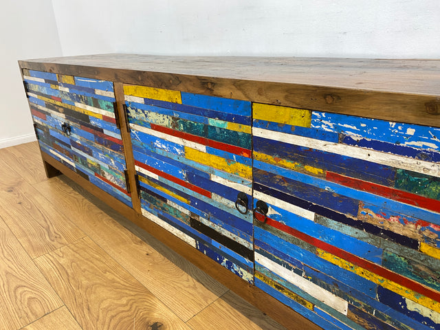 Boatwood by WMK # Besonders schönes 200cm langes Sideboard aus altem Bootsholz, ein handgefertigtes Unikat aus massivem Teakholz # Kommode Lowboard TV Bank Board Anrichte Bootsmöbel Rostock Kiel Slyt