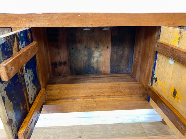 Boatwood by WMK I Meeresblaue Kommode aus altem Bootsholz in Originalfarben mit Schubladen I Teakholz massiv I Schrank Sideboard Garderobe Flurkommode Konsole Teak Bootsmöbel I Köln Hannover Bremen