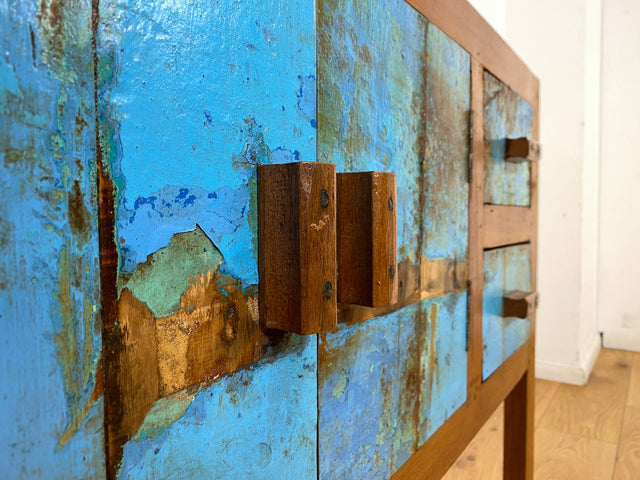 Boatwood by WMK I Meeresblaue Kommode aus altem Bootsholz in Originalfarben mit Schubladen I Teakholz massiv I Schrank Sideboard Garderobe Flurkommode Konsole Teak Bootsmöbel I Köln Hannover Bremen