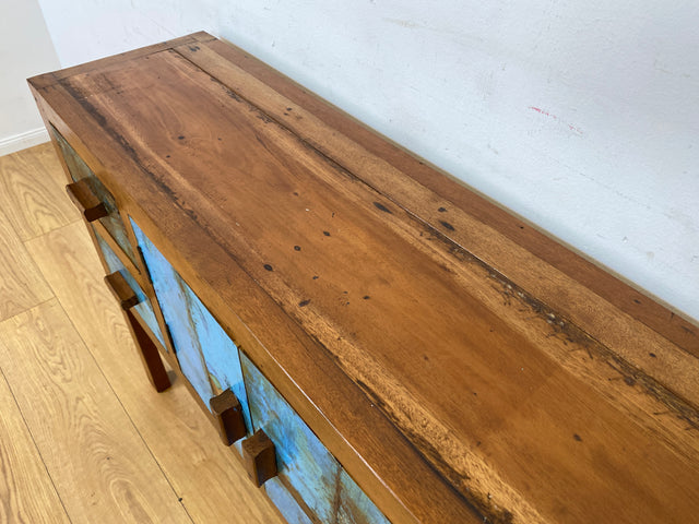 Boatwood by WMK I Meeresblaue Kommode aus altem Bootsholz in Originalfarben mit Schubladen I Teakholz massiv I Schrank Sideboard Garderobe Flurkommode Konsole Teak Bootsmöbel I Köln Hannover Bremen