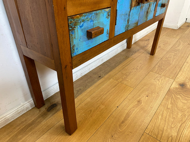 Boatwood by WMK I Meeresblaue Kommode aus altem Bootsholz in Originalfarben mit Schubladen I Teakholz massiv I Schrank Sideboard Garderobe Flurkommode Konsole Teak Bootsmöbel I Köln Hannover Bremen
