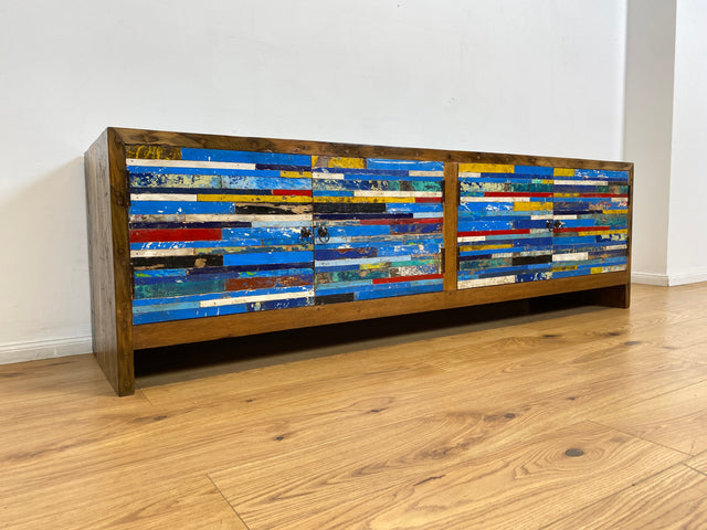 Boatwood by WMK # Besonders schönes 200cm langes Sideboard aus altem Bootsholz, ein handgefertigtes Unikat aus massivem Teakholz # Kommode Lowboard TV Bank Board Anrichte Bootsmöbel Rostock Kiel Slyt