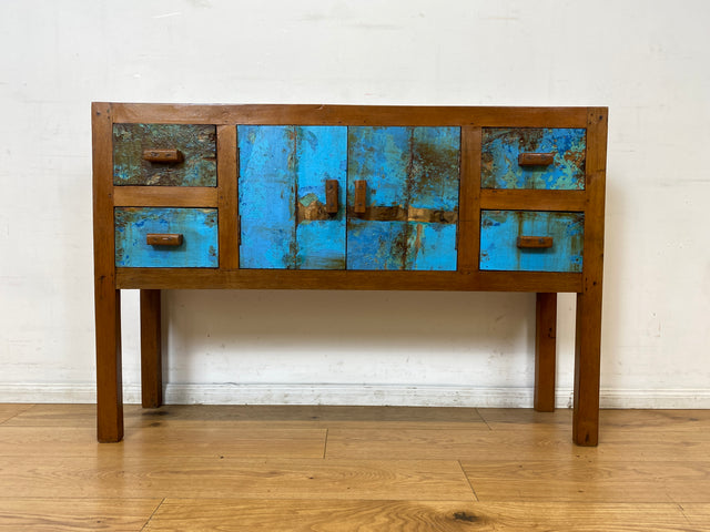 Boatwood by WMK I Meeresblaue Kommode aus altem Bootsholz in Originalfarben mit Schubladen I Teakholz massiv I Schrank Sideboard Garderobe Flurkommode Konsole Teak Bootsmöbel I Köln Hannover Bremen