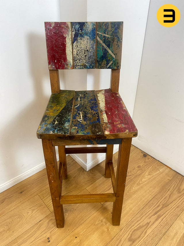Boatwood by WMK I 1/3 Schöner bunter Barhocker I ein handmade Unikat aus altem Bootsholz l Teakholz massiv I Hocker Sitzhocker Küchenstuhl Holzstuhl Stuhl Bar Stool Hausbar Gastro Berlin Rostock Sylt