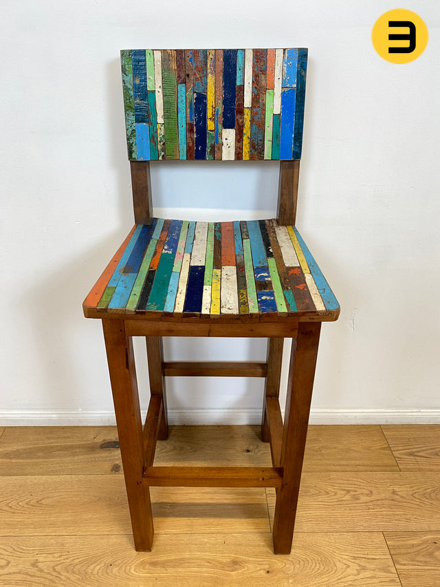 Boatwood by WMK # 1/5 Bunterschöner Barhocker aus altem Bootsholz, ein handgefertigtes Unikat aus massivem Teakholz # Barstuhl Hocker Sitzhocker Stuhl Küchenstuhl Holzstuhl Bar Stool Hausbar Gastro