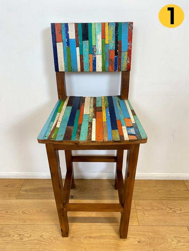 Boatwood by WMK # 1/5 Bunterschöner Barhocker aus altem Bootsholz, ein handgefertigtes Unikat aus massivem Teakholz # Barstuhl Hocker Sitzhocker Stuhl Küchenstuhl Holzstuhl Bar Stool Hausbar Gastro