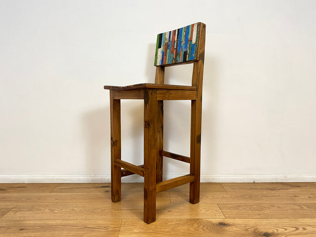Boatwood by WMK # 1/3 Bunterschöner Barhocker aus altem Bootsholz, ein handgefertigtes Unikat aus massivem Teakholz # Barstuhl Hocker Sitzhocker Stuhl Küchenstuhl Holzstuhl Bar Stool Hausbar Gastro