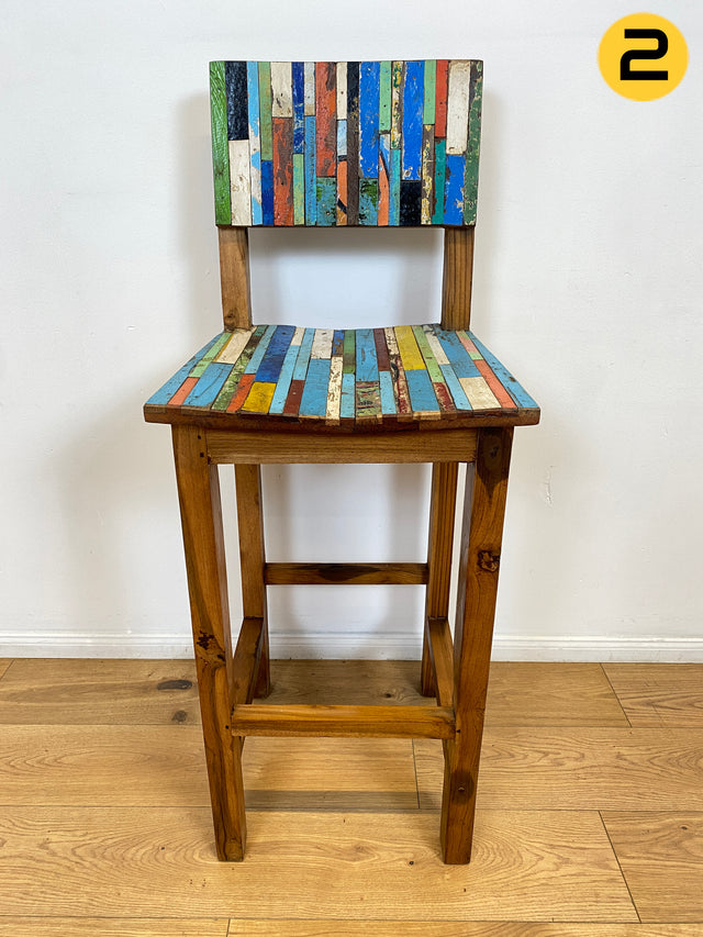 Boatwood by WMK # 1/3 Bunterschöner Barhocker aus altem Bootsholz, ein handgefertigtes Unikat aus massivem Teakholz # Barstuhl Hocker Sitzhocker Stuhl Küchenstuhl Holzstuhl Bar Stool Hausbar Gastro