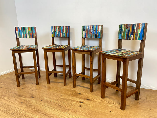 Boatwood by WMK # 1/5 Bunterschöner Barhocker aus altem Bootsholz, ein handgefertigtes Unikat aus massivem Teakholz # Barstuhl Hocker Sitzhocker Stuhl Küchenstuhl Holzstuhl Bar Stool Hausbar Gastro