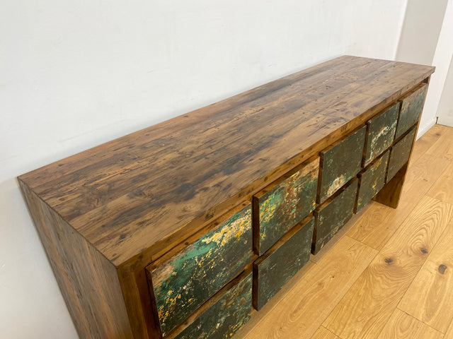 Boatwood by WMK I Einzigartige Anrichte aus altem Bootsholz in Originalfarben I handgefertigtes Unikat I Teakholz massiv I mit Schubladen I Schrank Kommode Sideboard Küchen Wäsche Apotheker Bootsmöbel
