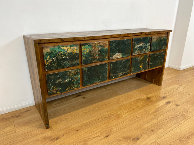 Boatwood by WMK I Einzigartige Anrichte aus altem Bootsholz in Originalfarben I handgefertigtes Unikat I Teakholz massiv I mit Schubladen I Schrank Kommode Sideboard Küchen Wäsche Apotheker Bootsmöbel