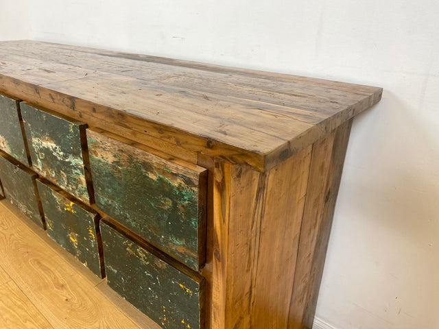 Boatwood by WMK I Einzigartige Anrichte aus altem Bootsholz in Originalfarben I handgefertigtes Unikat I Teakholz massiv I mit Schubladen I Schrank Kommode Sideboard Küchen Wäsche Apotheker Bootsmöbel