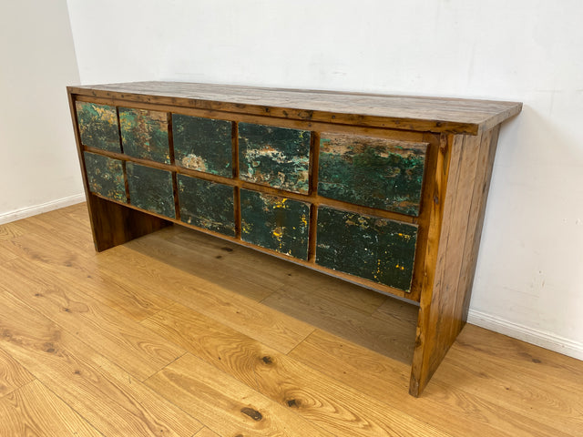 Boatwood by WMK I Einzigartige Anrichte aus altem Bootsholz in Originalfarben I handgefertigtes Unikat I Teakholz massiv I mit Schubladen I Schrank Kommode Sideboard Küchen Wäsche Apotheker Bootsmöbel