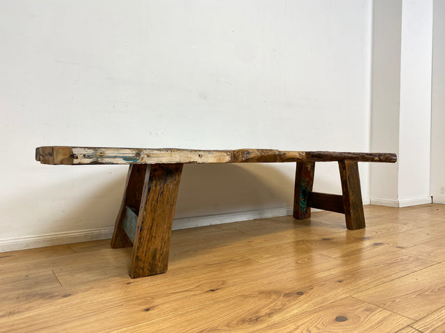 Boatwood by WMK I Robuste Bank aus altem Bootsholz I handgefertigtes Unikat mit Originalfarben I Teakholz massiv in Originalfarbe I Holzbank Bench Küchenbank Sitz Balkon Garten Möbel Treibholz Loft