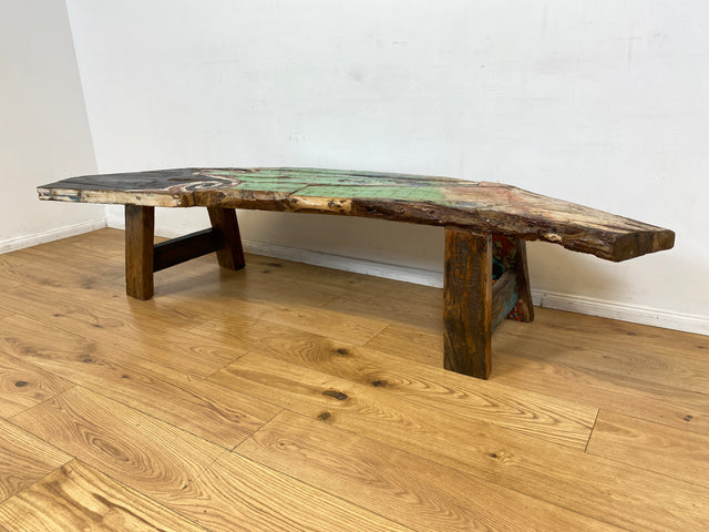 Boatwood by WMK I Robuste Bank aus altem Bootsholz I handgefertigtes Unikat mit Originalfarben I Teakholz massiv in Originalfarbe I Holzbank Bench Küchenbank Sitz Balkon Garten Möbel Treibholz Loft