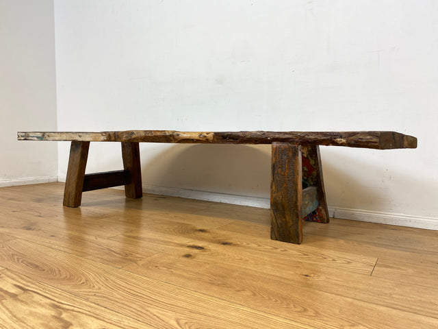 Boatwood by WMK I Robuste Bank aus altem Bootsholz I handgefertigtes Unikat mit Originalfarben I Teakholz massiv in Originalfarbe I Holzbank Bench Küchenbank Sitz Balkon Garten Möbel Treibholz Loft