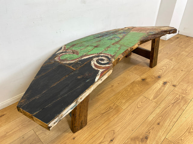 Boatwood by WMK I Robuste Bank aus altem Bootsholz I handgefertigtes Unikat mit Originalfarben I Teakholz massiv in Originalfarbe I Holzbank Bench Küchenbank Sitz Balkon Garten Möbel Treibholz Loft