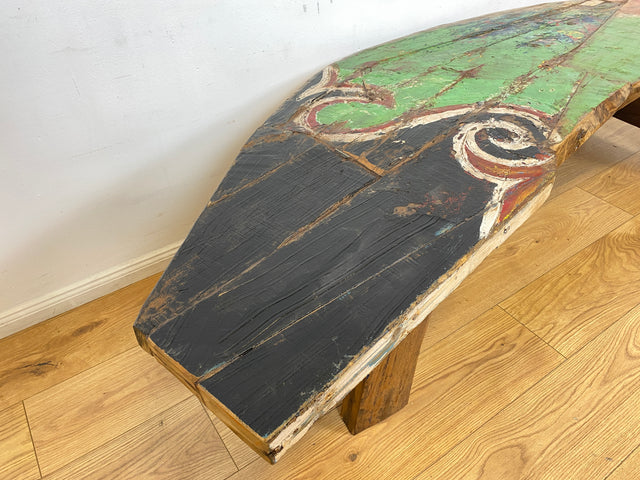 Boatwood by WMK I Robuste Bank aus altem Bootsholz I handgefertigtes Unikat mit Originalfarben I Teakholz massiv in Originalfarbe I Holzbank Bench Küchenbank Sitz Balkon Garten Möbel Treibholz Loft