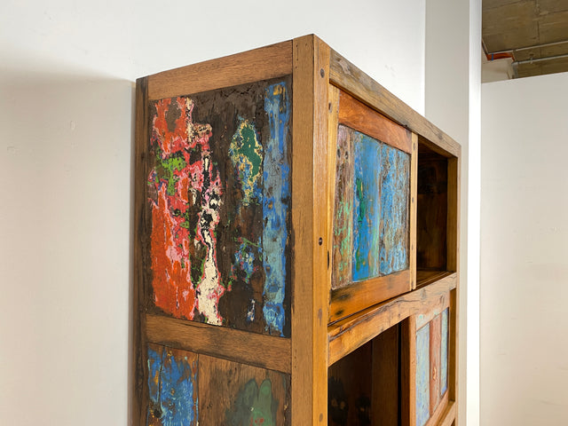 Boatwood by WMK # Einzigartiges Bücherregal mit Schiebetüren I Handmade Unikat aus altem Bootsholz I Teakholz massiv # Bücherschrank Regal Highboard Holzregal Küchenregal Raumtrenner Loft Kiel Hamburg