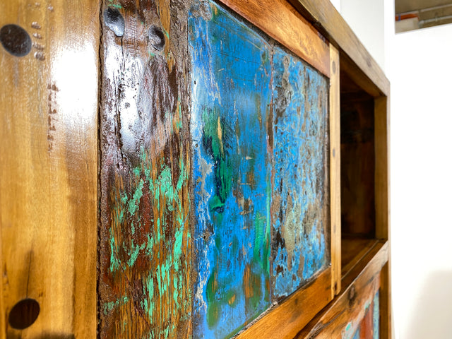 Boatwood by WMK # Einzigartiges Bücherregal mit Schiebetüren I Handmade Unikat aus altem Bootsholz I Teakholz massiv # Bücherschrank Regal Highboard Holzregal Küchenregal Raumtrenner Loft Kiel Hamburg