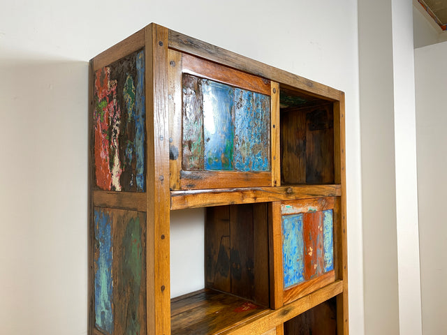 Boatwood by WMK # Einzigartiges Bücherregal mit Schiebetüren I Handmade Unikat aus altem Bootsholz I Teakholz massiv # Bücherschrank Regal Highboard Holzregal Küchenregal Raumtrenner Loft Kiel Hamburg