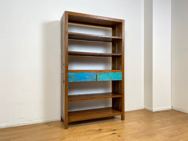 Boatwood by WMK # Nachhaltiges Bücherregal mit Schubladen , ein aus altem Bootsholz handgefertigtes Unikat aus massivem Teakholz # Regal Bücherschrank Highboard Holzregal Küchenregal Raumtrenner Teak