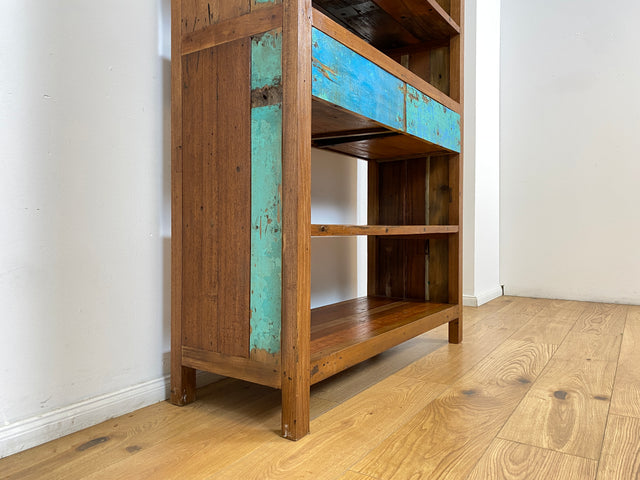 Boatwood by WMK # Nachhaltiges Bücherregal mit Schubladen , ein aus altem Bootsholz handgefertigtes Unikat aus massivem Teakholz # Regal Bücherschrank Highboard Holzregal Küchenregal Raumtrenner Teak