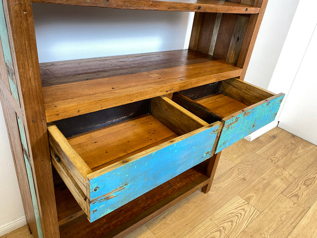 Boatwood by WMK # Nachhaltiges Bücherregal mit Schubladen , ein aus altem Bootsholz handgefertigtes Unikat aus massivem Teakholz # Regal Bücherschrank Highboard Holzregal Küchenregal Raumtrenner Teak