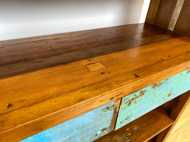 Boatwood by WMK # Nachhaltiges Bücherregal mit Schubladen , ein aus altem Bootsholz handgefertigtes Unikat aus massivem Teakholz # Regal Bücherschrank Highboard Holzregal Küchenregal Raumtrenner Teak