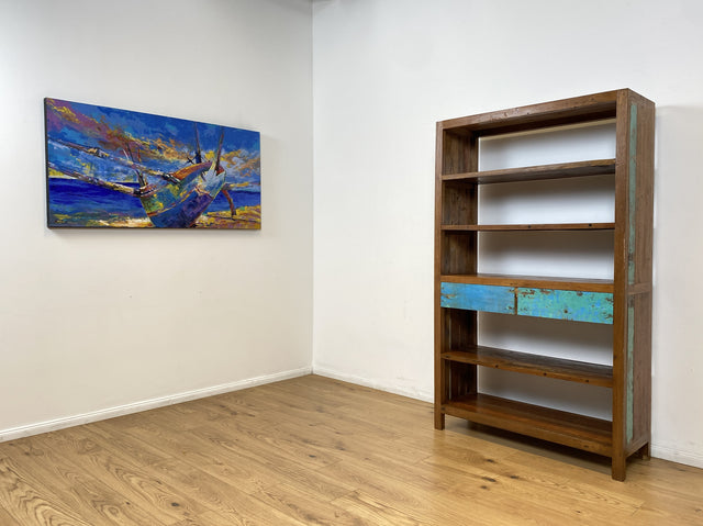 Boatwood by WMK # Nachhaltiges Bücherregal mit Schubladen , ein aus altem Bootsholz handgefertigtes Unikat aus massivem Teakholz # Regal Bücherschrank Highboard Holzregal Küchenregal Raumtrenner Teak