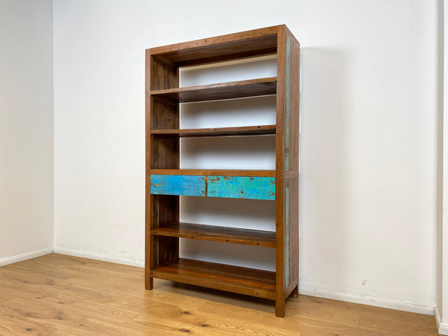 Boatwood by WMK # Nachhaltiges Bücherregal mit Schubladen , ein aus altem Bootsholz handgefertigtes Unikat aus massivem Teakholz # Regal Bücherschrank Highboard Holzregal Küchenregal Raumtrenner Teak