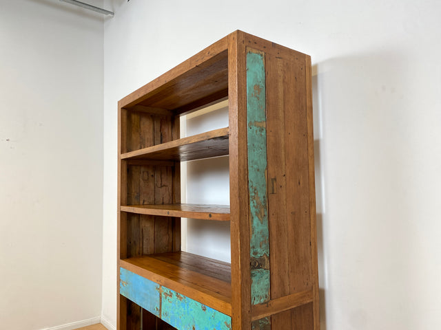 Boatwood by WMK # Nachhaltiges Bücherregal mit Schubladen , ein aus altem Bootsholz handgefertigtes Unikat aus massivem Teakholz # Regal Bücherschrank Highboard Holzregal Küchenregal Raumtrenner Teak
