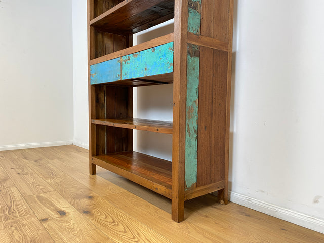 Boatwood by WMK # Nachhaltiges Bücherregal mit Schubladen , ein aus altem Bootsholz handgefertigtes Unikat aus massivem Teakholz # Regal Bücherschrank Highboard Holzregal Küchenregal Raumtrenner Teak