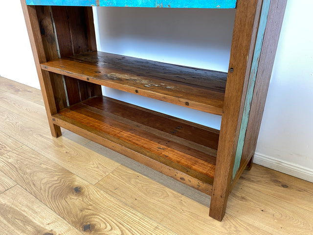 Boatwood by WMK # Nachhaltiges Bücherregal mit Schubladen , ein aus altem Bootsholz handgefertigtes Unikat aus massivem Teakholz # Regal Bücherschrank Highboard Holzregal Küchenregal Raumtrenner Teak