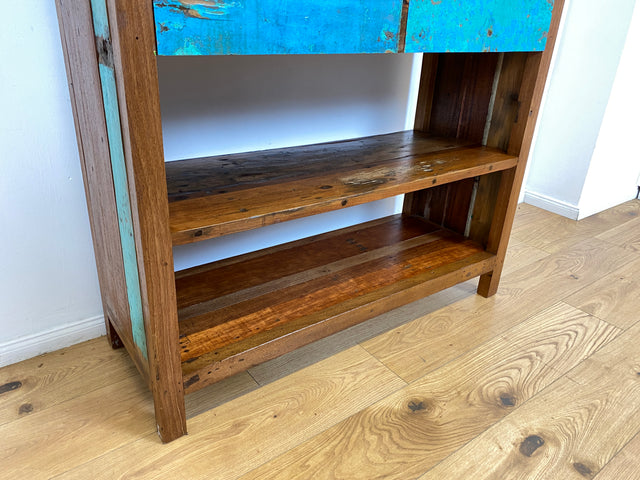 Boatwood by WMK # Nachhaltiges Bücherregal mit Schubladen , ein aus altem Bootsholz handgefertigtes Unikat aus massivem Teakholz # Regal Bücherschrank Highboard Holzregal Küchenregal Raumtrenner Teak
