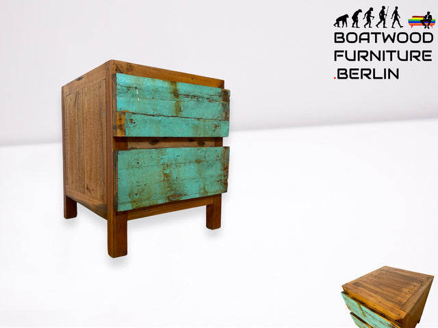 Boatwood by WMK I Meeresblauer Nachttisch handgefertigt aus altem Bootsholz in Originalfarben I Teakholz I Kommode Nachtkommode Nachtschränkchen Nachtschrank Bed Side Teak Berlin Zossen Saarbrücken