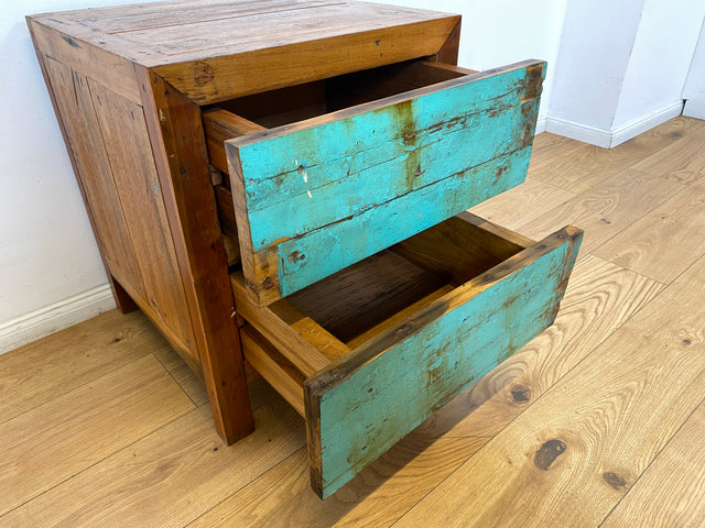 Boatwood by WMK I Meeresblauer Nachttisch handgefertigt aus altem Bootsholz in Originalfarben I Teakholz I Kommode Nachtkommode Nachtschränkchen Nachtschrank Bed Side Teak Berlin Zossen Saarbrücken