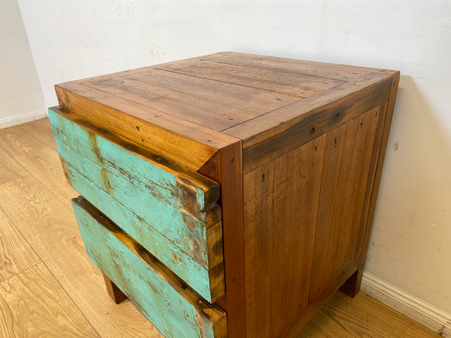 Boatwood by WMK I Meeresblauer Nachttisch handgefertigt aus altem Bootsholz in Originalfarben I Teakholz I Kommode Nachtkommode Nachtschränkchen Nachtschrank Bed Side Teak Berlin Zossen Saarbrücken