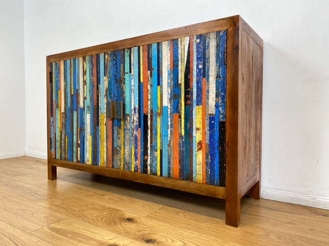 Boatwood by WMK I Detailreicher und geräumiger Schrank I Handmade Unikat aus altem Bootsholz I Teakholz massiv I Highboard Kommode Sideboard Schuhschrank Anrichte Bootsmöbel Berlin Stuttgart Rostock