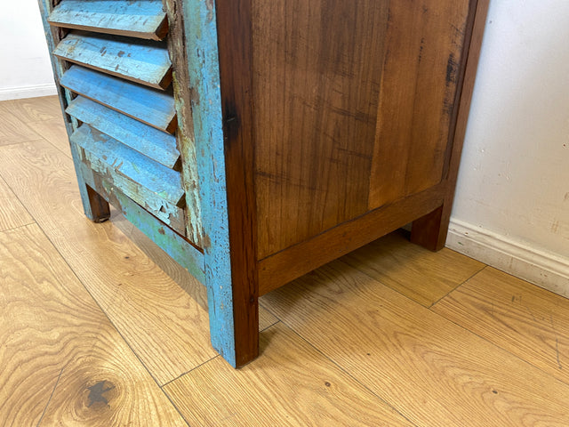 Boatwood by WMK I Besonderer Schrank aus altem Bootsholz in meeresblauer Originalfarbe mit Lamellentür I handgefertigtes Unikat I Highboard Küchenschrank Schuhschrank Bücherschrank Wäscheschank Loft