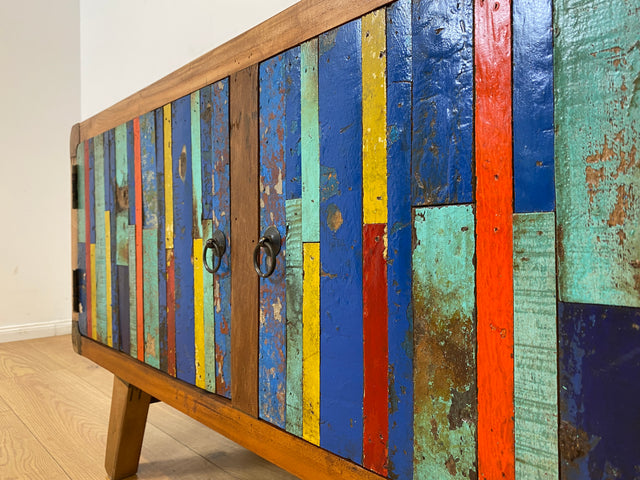 Boatwood by WMK I Bunterschönes Sideboard handgefertigt aus altem Bootsholz I Teakholz massiv I Kommode TV Lowboard Board Bank Schuhschrank Anrichte Bootsmöbel Treibholz I Berlin Hannover Dresden