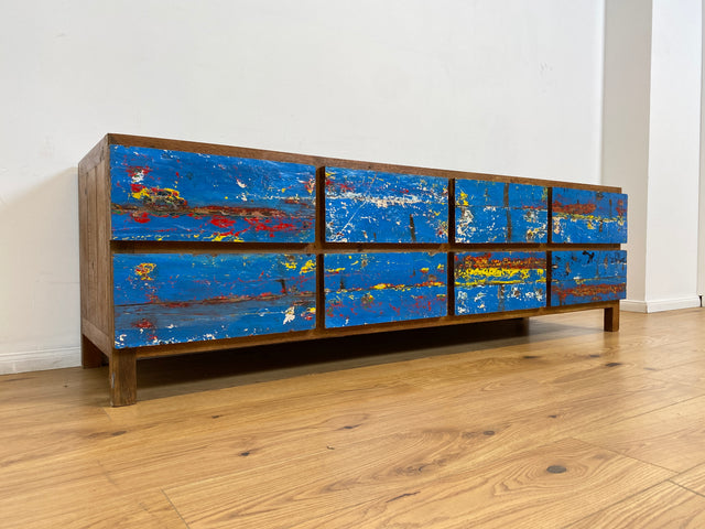 Boatwood by WMK # Wunderschönes Sideboard mit Schubladen, ein aus altem Bootsholz handgefertigtes Unikat aus massivem Teakholz # langes Lowboard Kommode TV-Lowboard TV-Bank Anrichte Bootsmöbel Teak