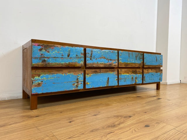 Boatwood by WMK # Meeresblaues Sideboard mit Schubladen, ein aus altem Bootsholz handgefertigtes Unikat aus massivem Teakholz # Kommode Lowboard TV-Lowboard TV-Bank Anrichte Bootsmöbel Teak